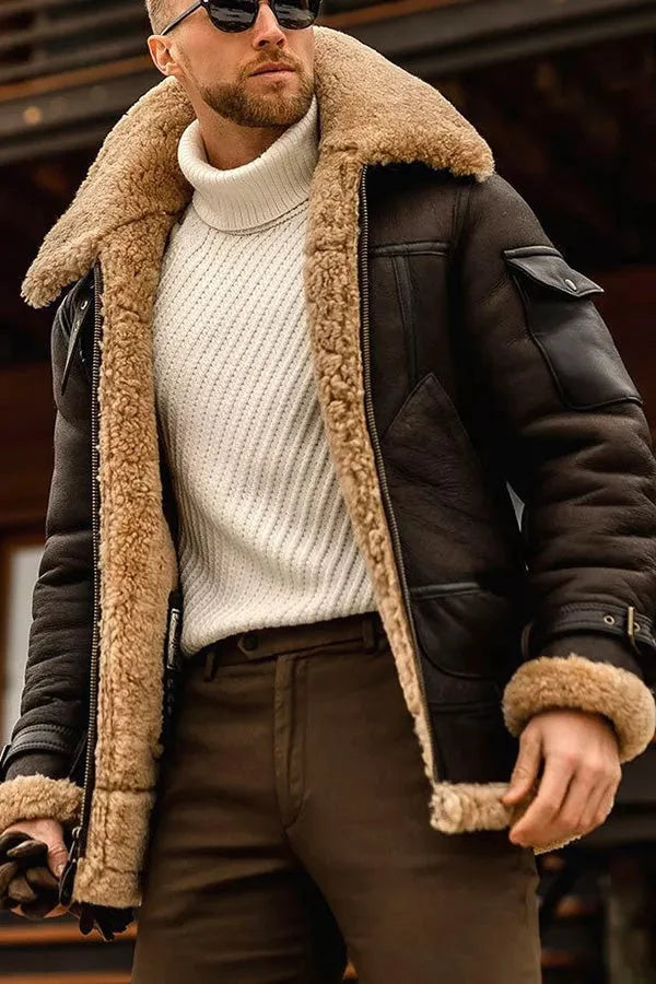 Men's Shearling-Lined Aviator Jacket Brown Winter Coat 3