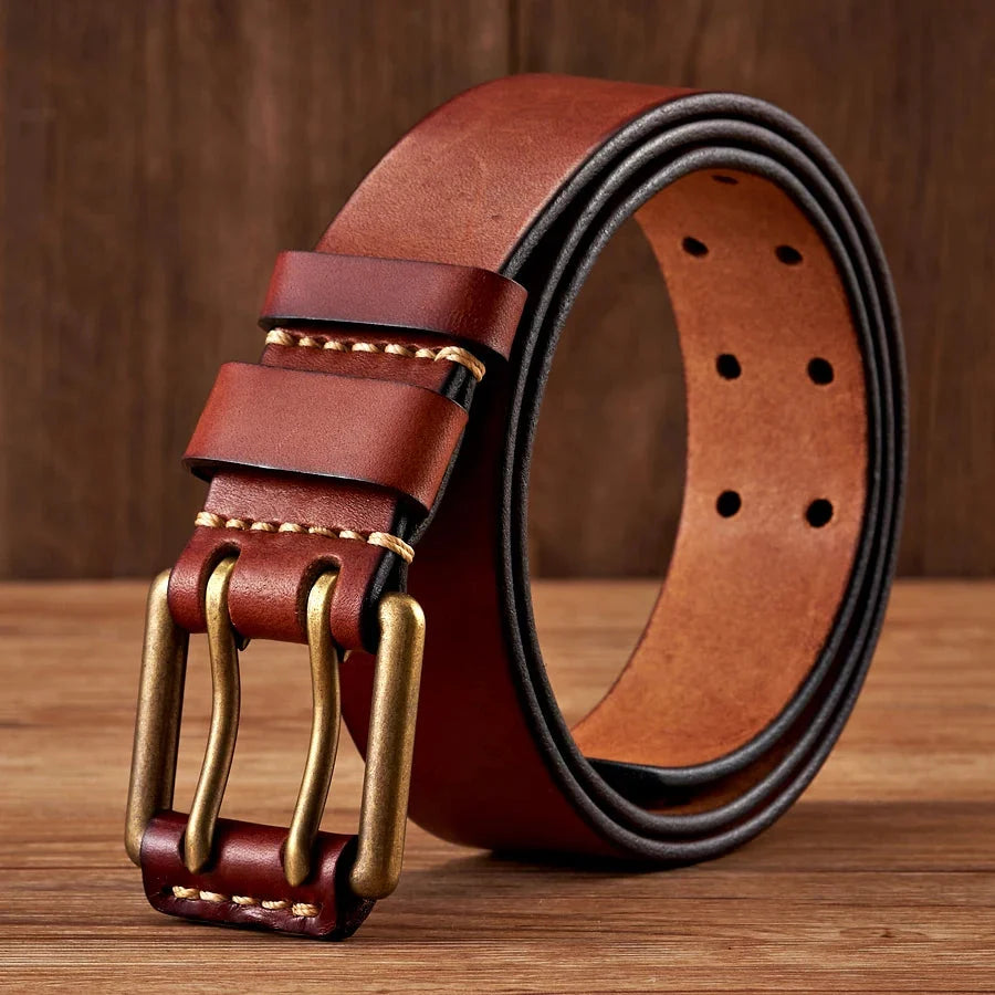Men's Vintage Leather Belt | Double Prong Buckle Brown 4