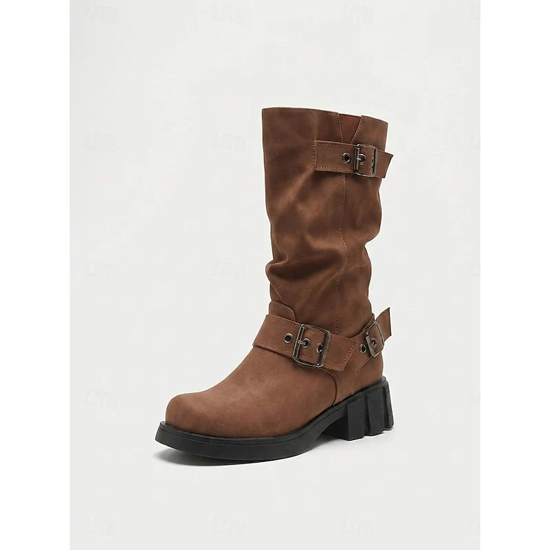 Ramona | Vintage Buckle Mid-Calf Biker Boots 9