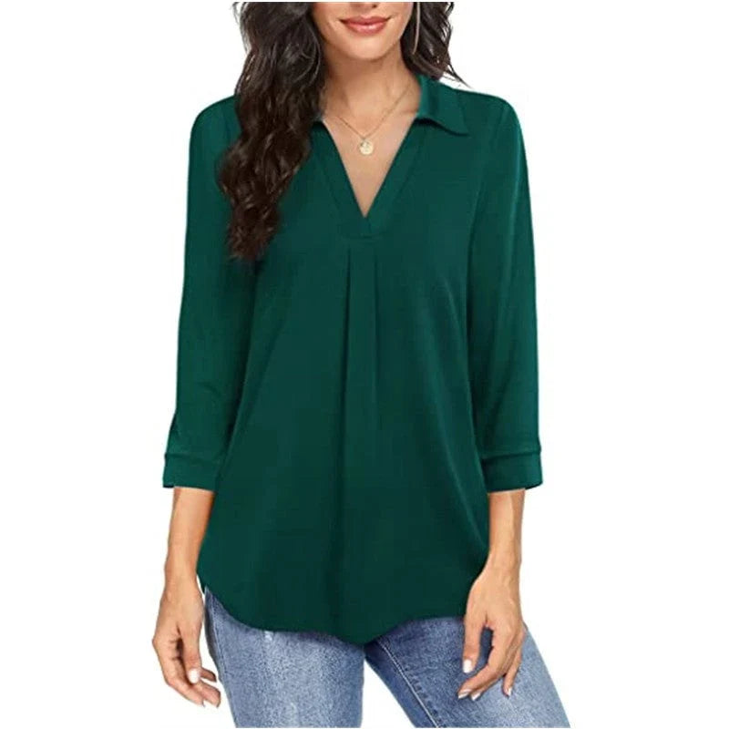 V-Neck Pleated Women's Blouse | 3/4 Sleeve Loose Fit 6