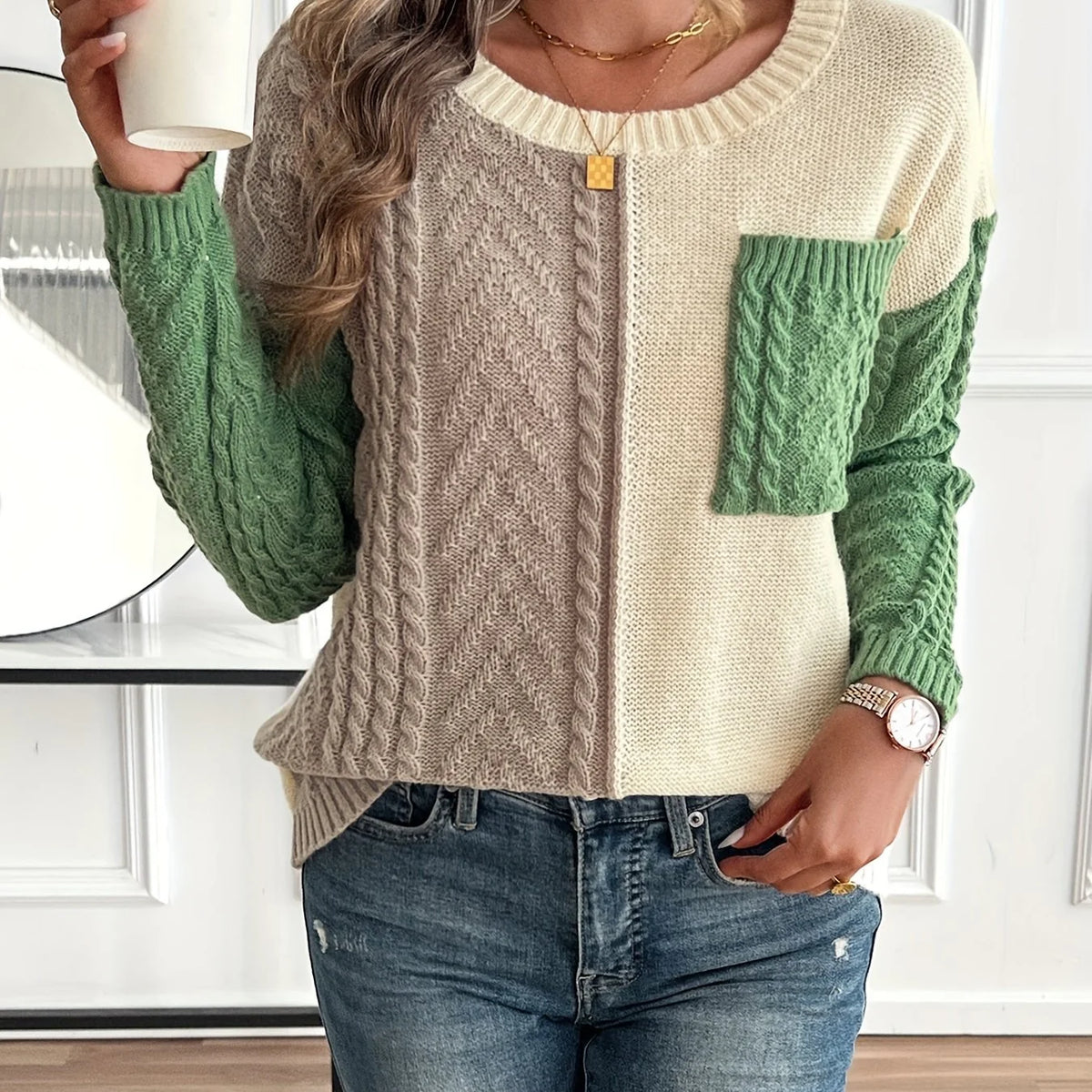 Delia | Two-Tone Cable Knit Sweater 0