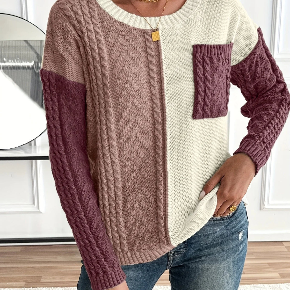 Delia | Two-Tone Cable Knit Sweater 6