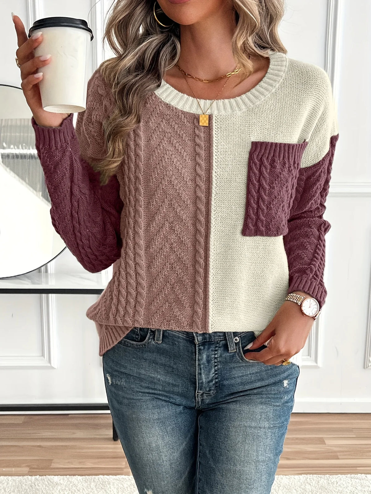 Delia | Two-Tone Cable Knit Sweater 7