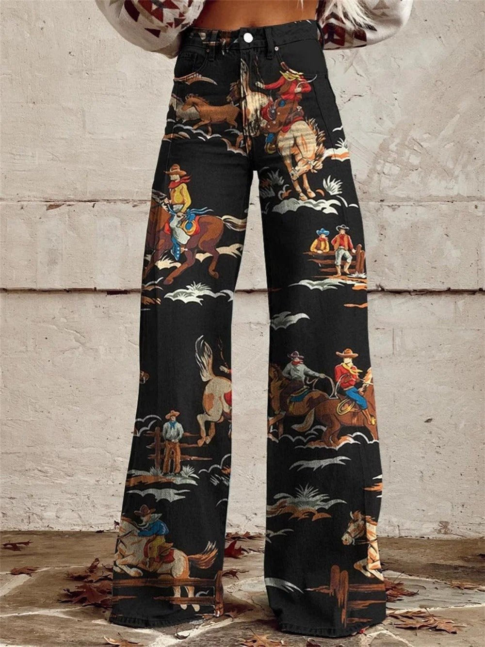 Denim Western Print High-Waist Wide-Leg Pants 0