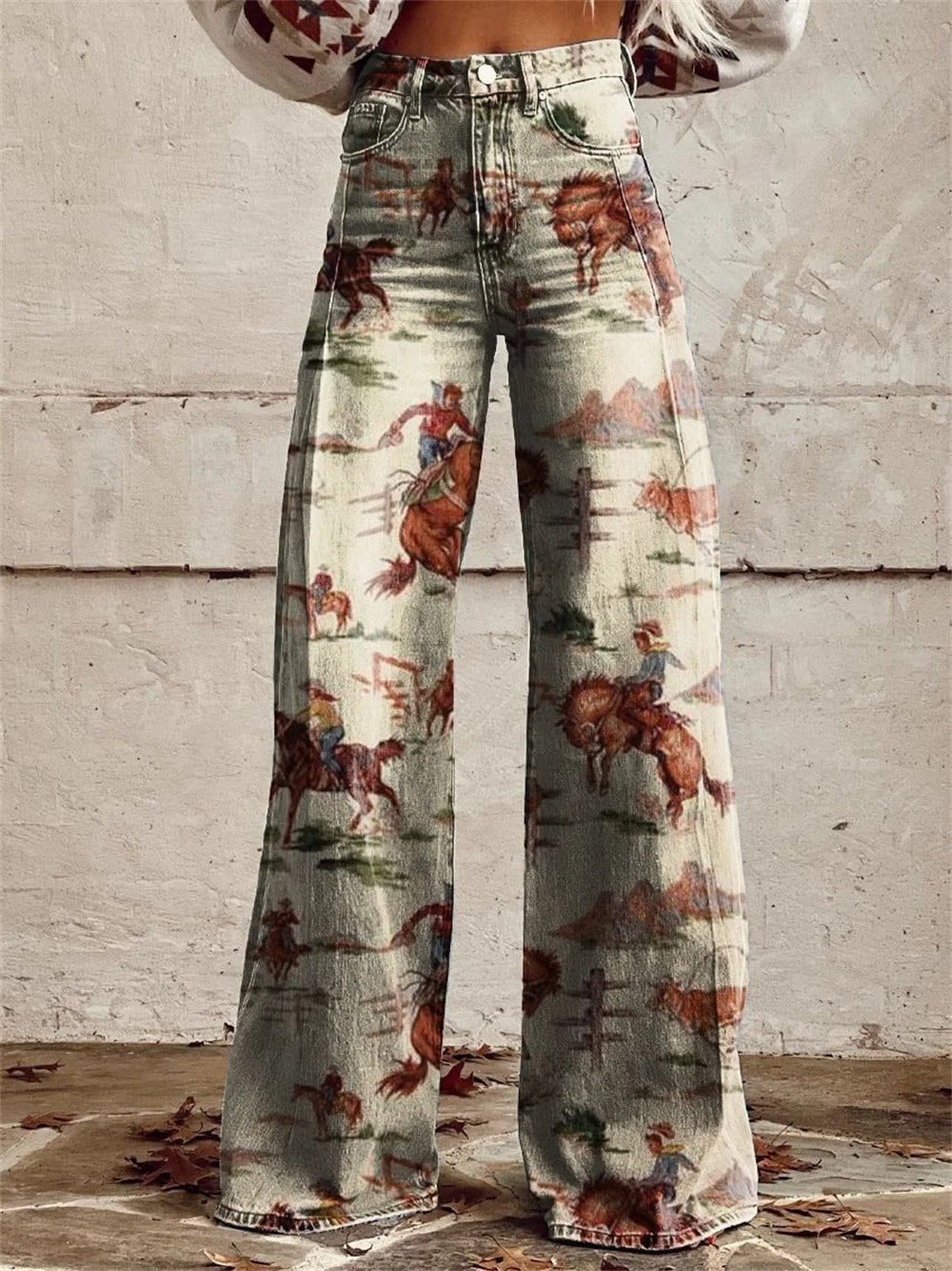 Denim Western Print High-Waist Wide-Leg Pants 1