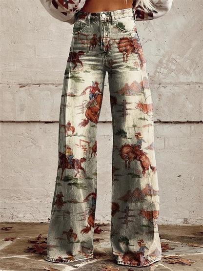 Denim Western Print High-Waist Wide-Leg Pants 1