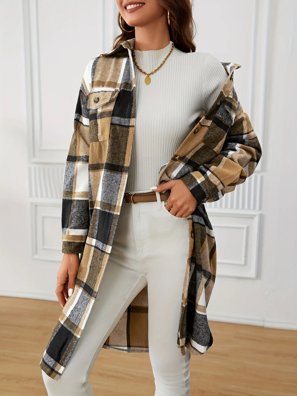 Elowen | Women's Longline Checked Coat 4