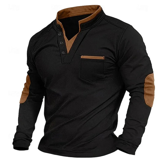 Ethan | Men's Button-Neck Sweatshirt with Contrast Elbow Patches 0