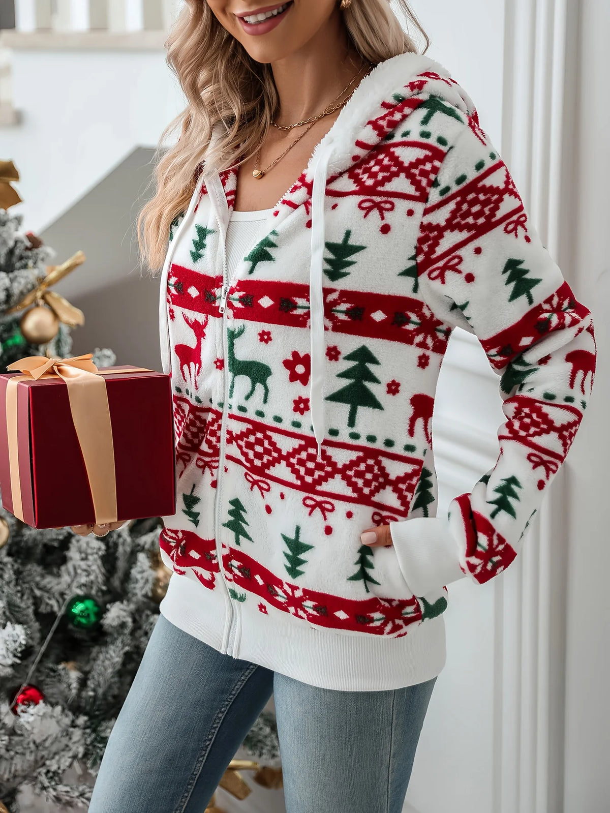 Holly | Women's Christmas Reindeer Zip Hoodie 2
