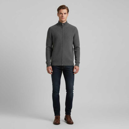 Men's Black Zip Up Cardigan | Slim Fit Ribbed Knit Sweater