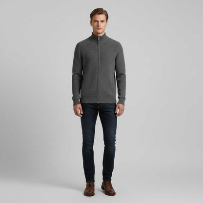 Men's Slim Fit Zip Up Cardigan | Ribbed Black Knit Design
