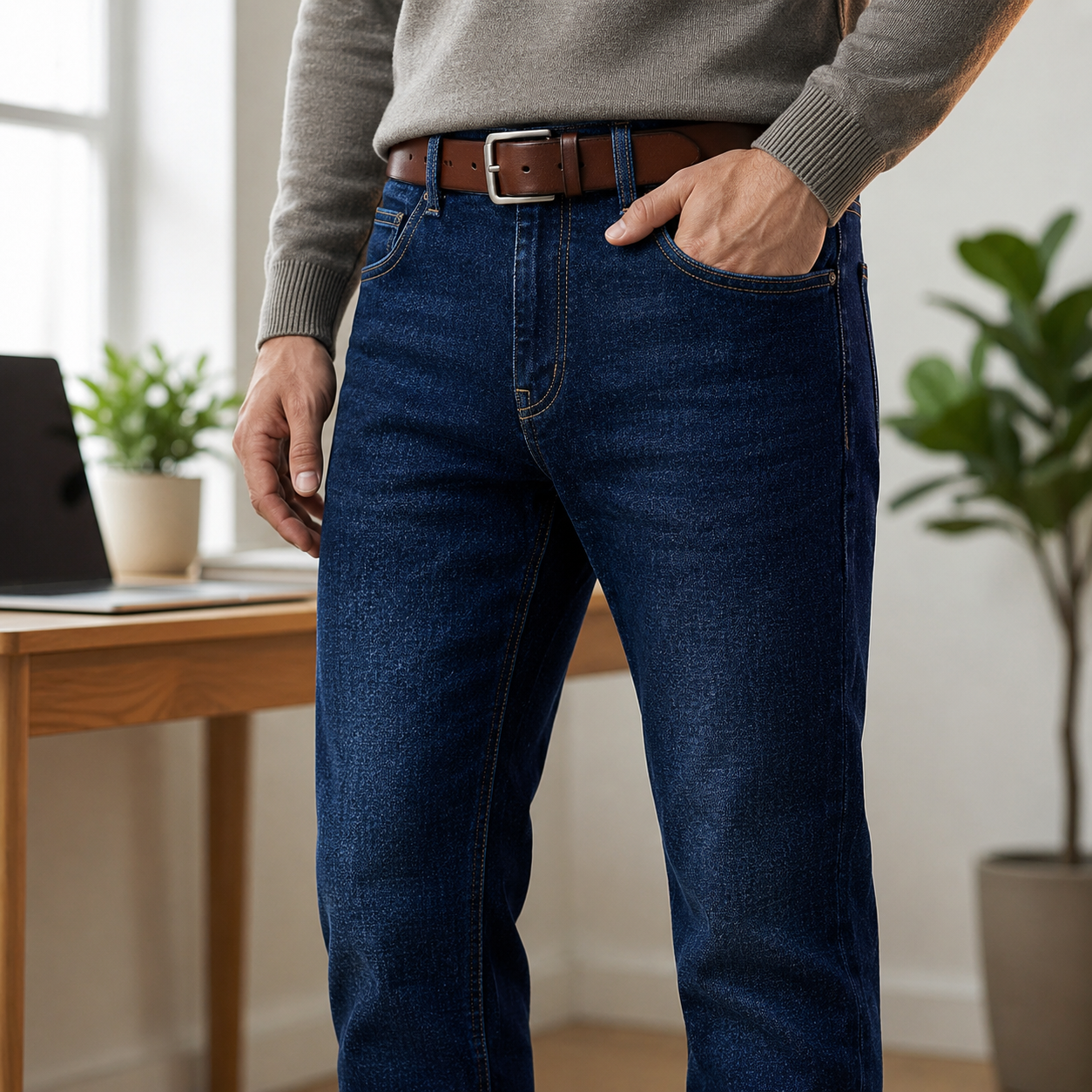 Men's Dark Wash Straight Leg Stretch Jeans | Casual Pants 2