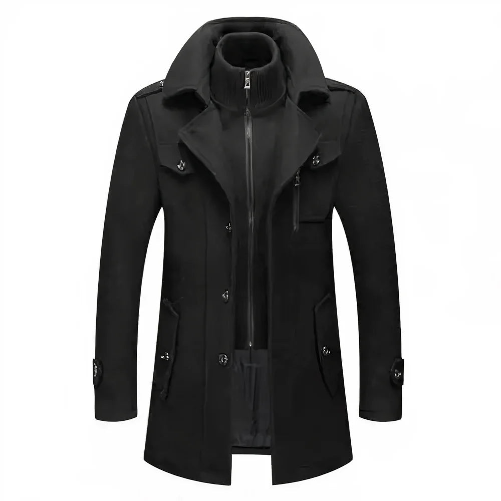 Men's Double Collar Jacket | Men's Winter Coat Black Polyester 0