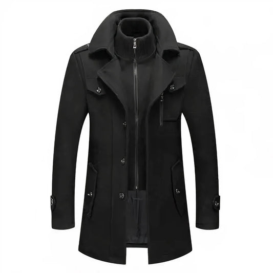 Men's Double Collar Jacket | Men's Winter Coat Black Polyester 0