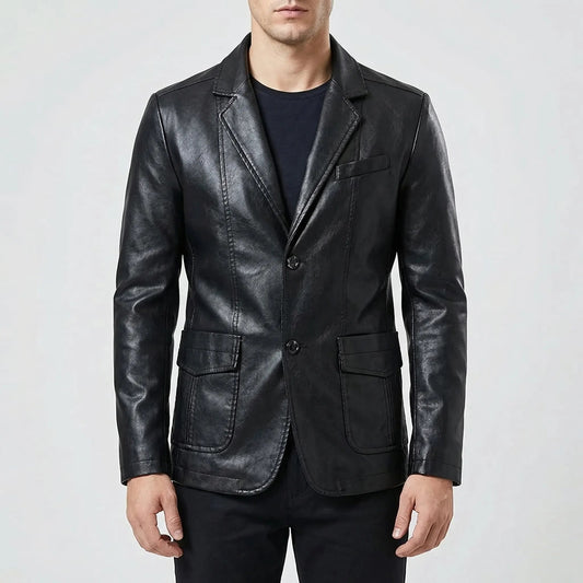Men's Faux Leather Jacket | Structured Suit Collar Design 0