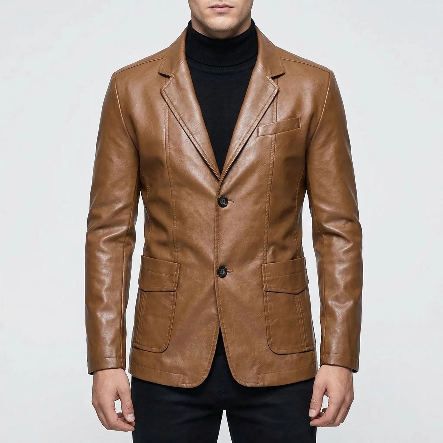 Men's Faux Leather Jacket | Structured Suit Collar Design 1
