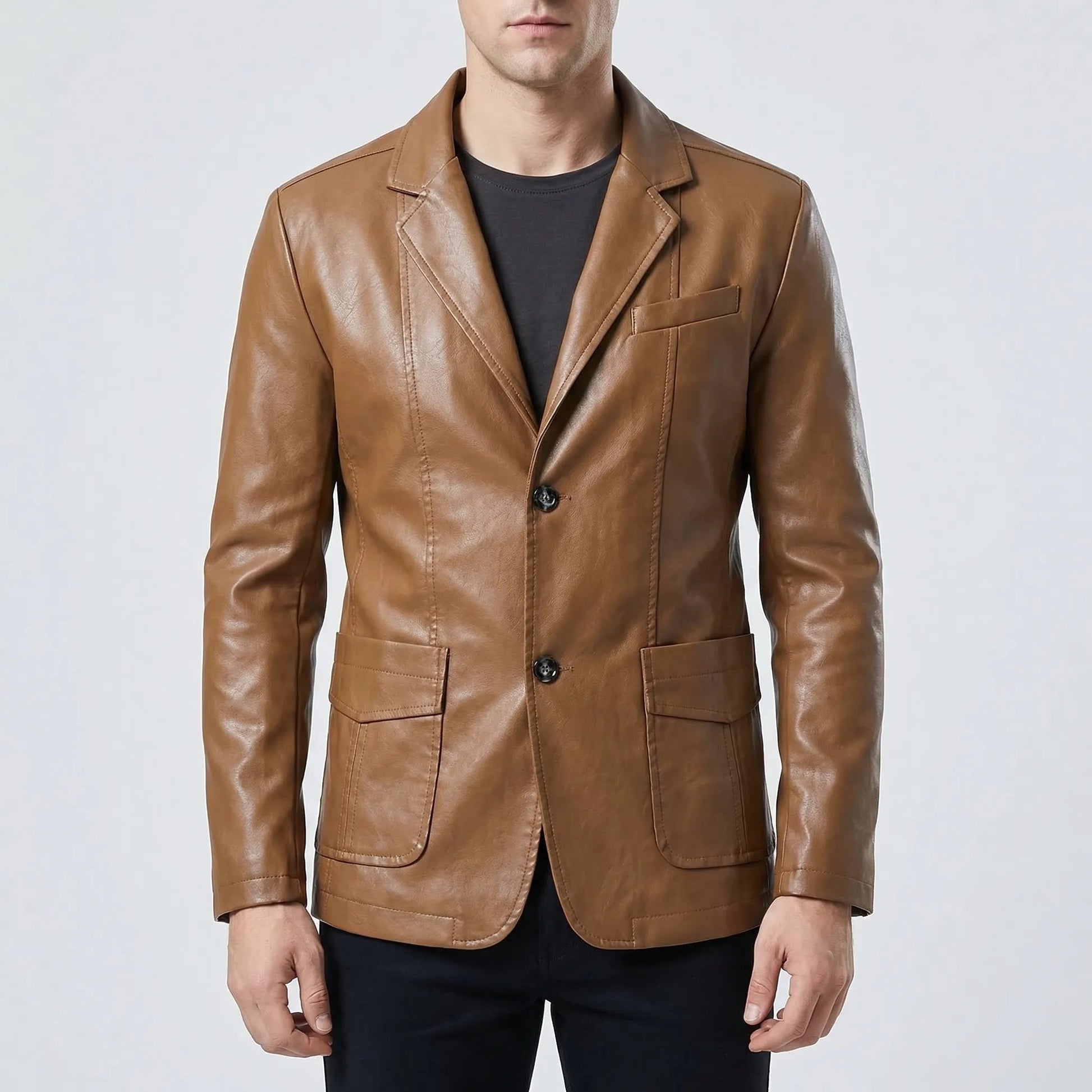 Men's Faux Leather Jacket | Structured Suit Collar Design 4