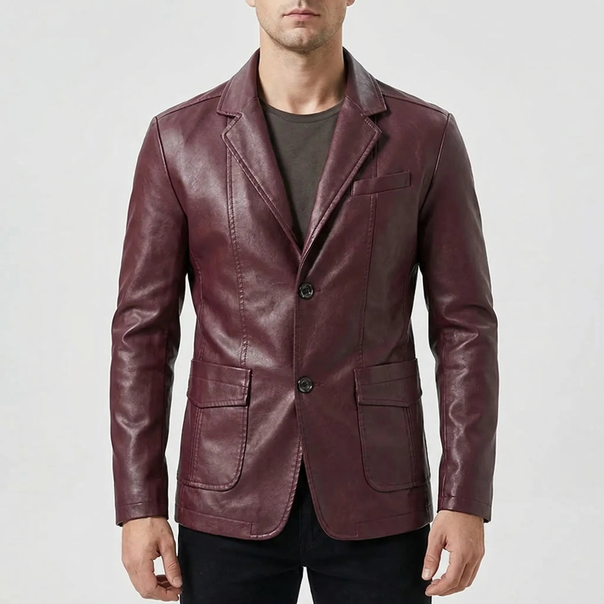 Men's Faux Leather Jacket | Structured Suit Collar Design 6