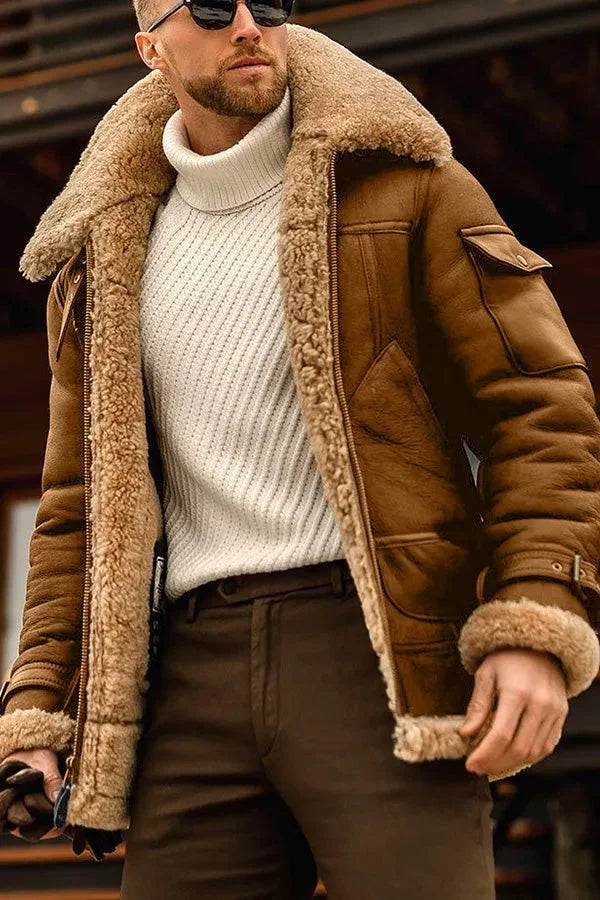 Men's Shearling-Lined Aviator Jacket Brown Winter Coat 0
