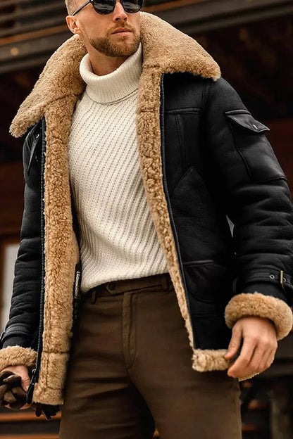 Men's Shearling-Lined Aviator Jacket Brown Winter Coat 1