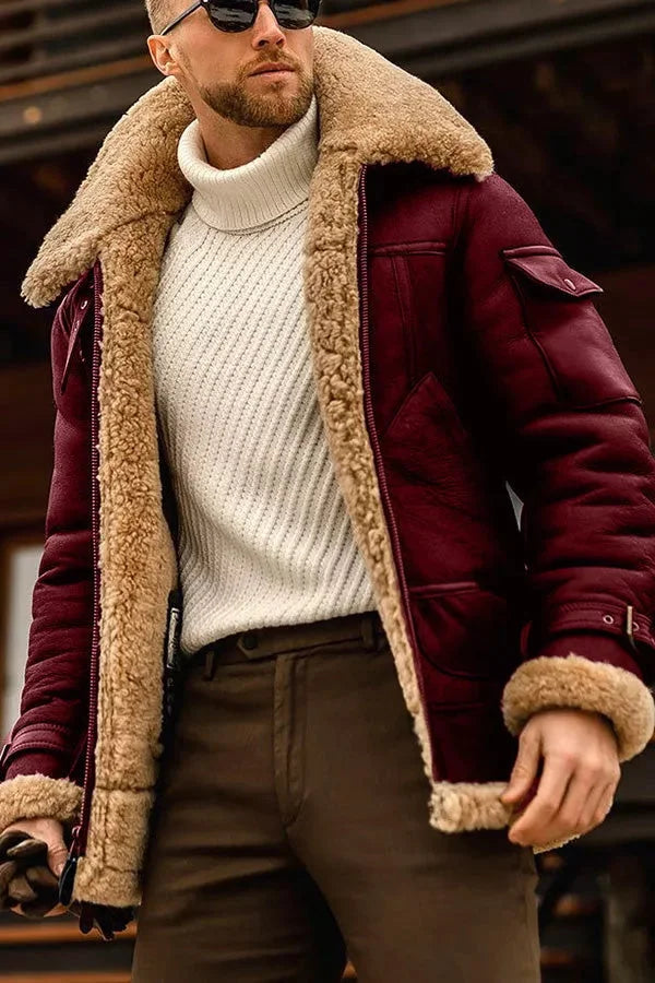 Men's Shearling-Lined Aviator Jacket Brown Winter Coat 2