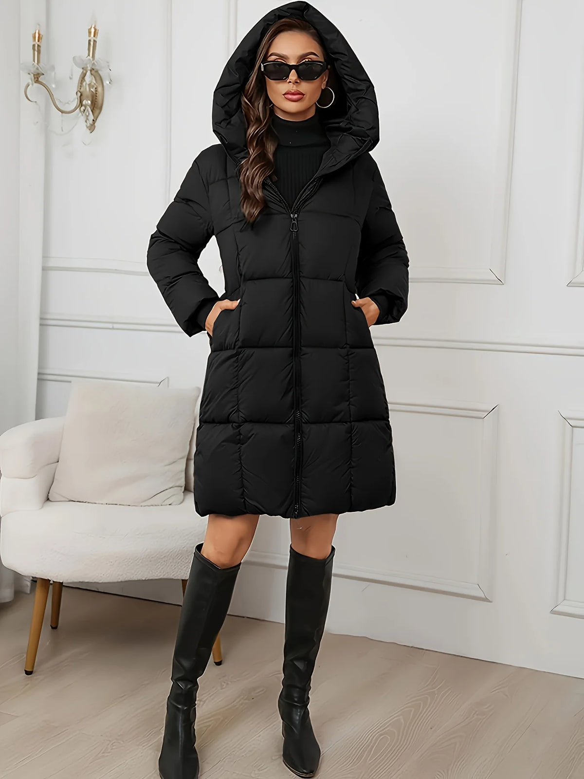 Miriam | Women's Long Black Puffer Coat with Hood 8