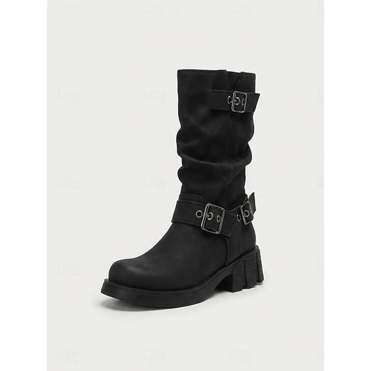 Ramona | Vintage Buckle Mid-Calf Biker Boots 0