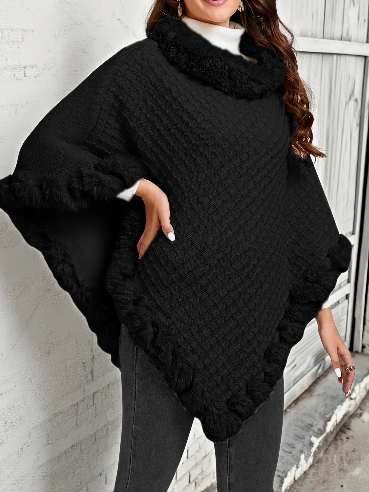 Rosabel | Women's Fur-Trim Poncho Cozy Warm Outerwear 6