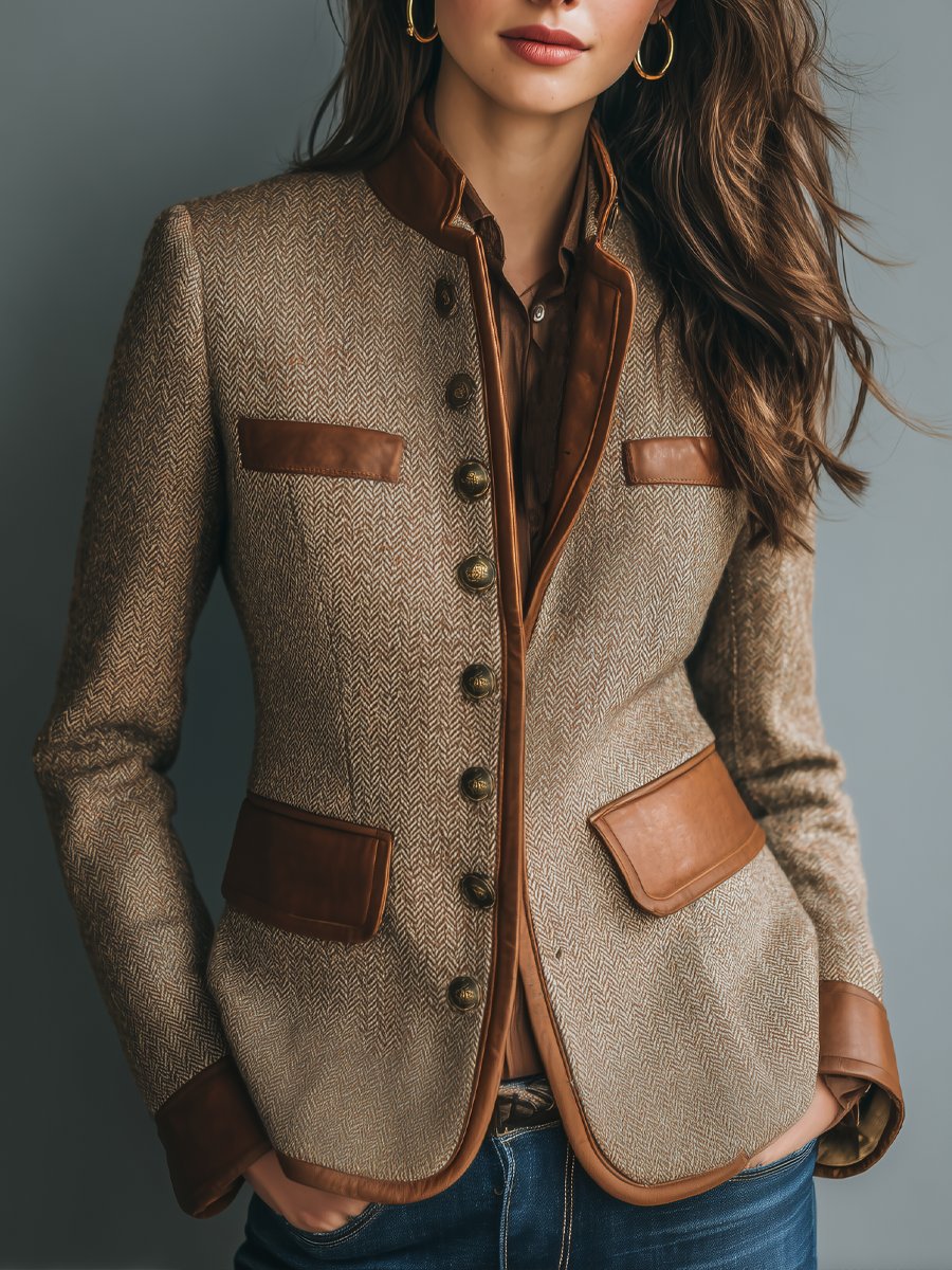 Sophia | Women's Vintage Herringbone Tweed Jacket with Leather Trim 0