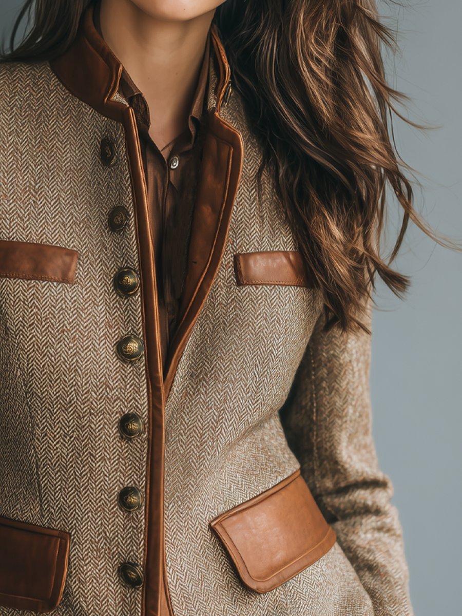 Sophia | Women's Vintage Herringbone Tweed Jacket with Leather Trim 2