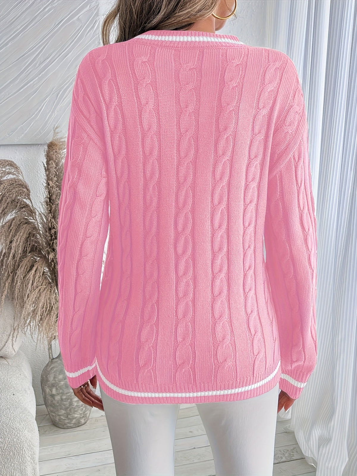 Striped V-Neck Cable Jumper | Women's Knitwear 3