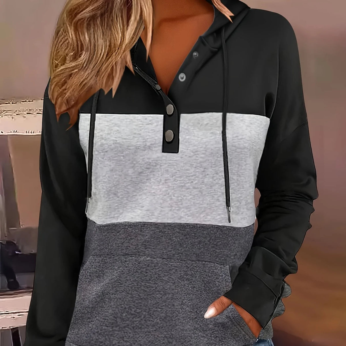 Tamsin | Colour Block Button Hoodie Casual 0