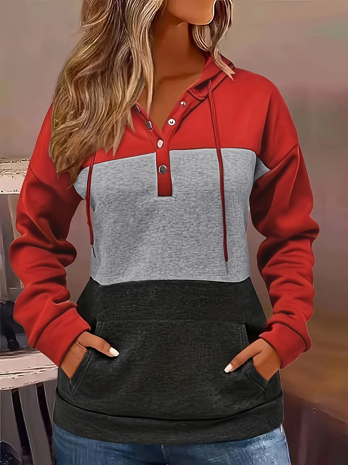 Tamsin | Colour Block Button Hoodie Casual 6