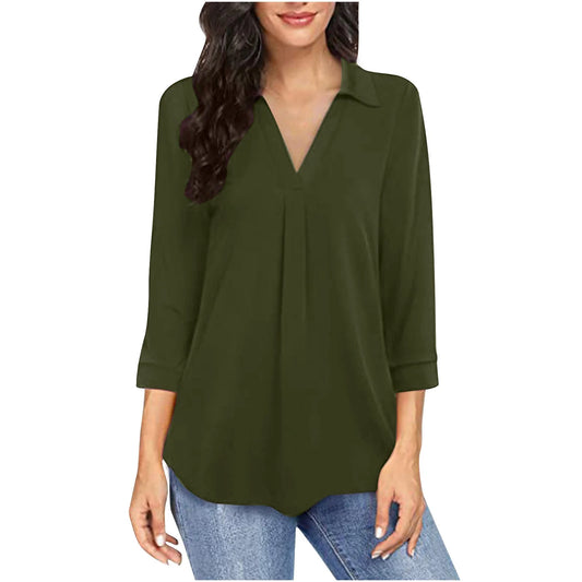 V-Neck Pleated Women's Blouse | 3/4 Sleeve Loose Fit 0