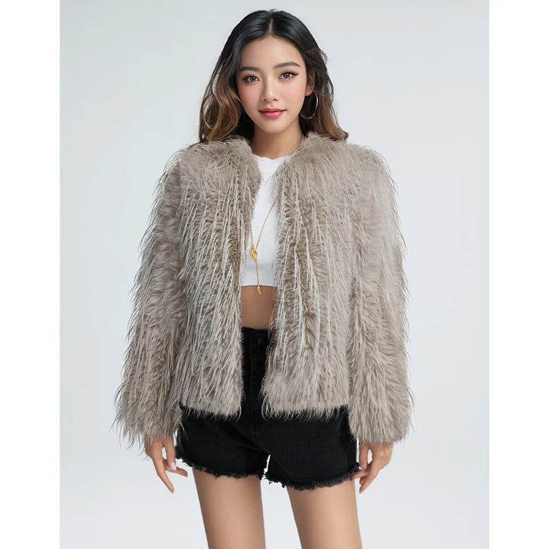 Women's Plush Jacket with High Collar Elegant Design 0
