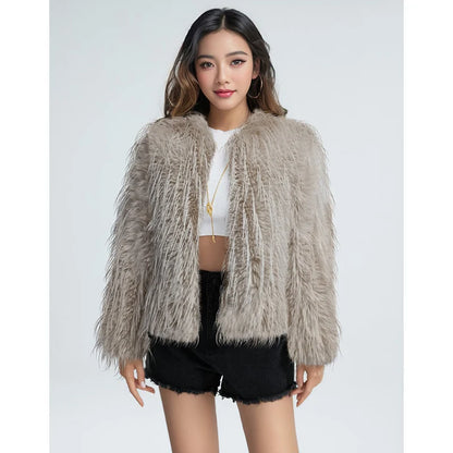 Women's Plush Jacket with High Collar Elegant Design 0