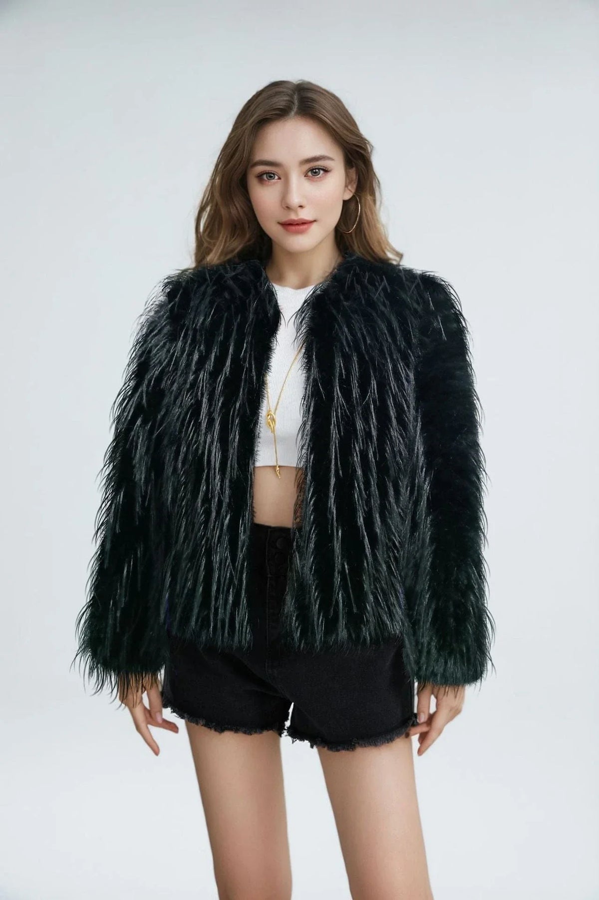 Women's Plush Jacket with High Collar Elegant Design 1