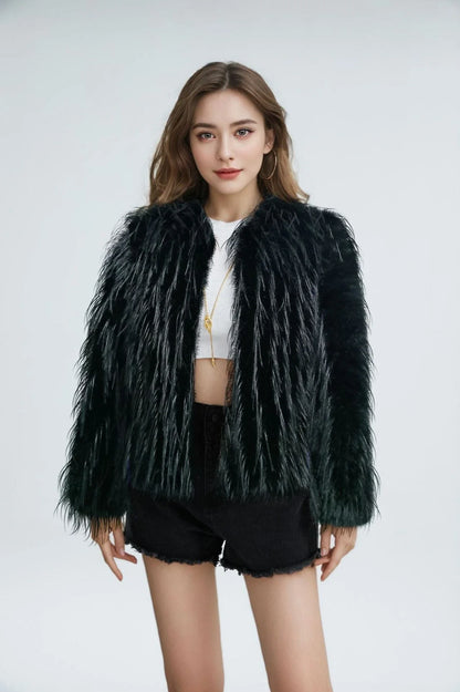 Women's Plush Jacket with High Collar Elegant Design 1