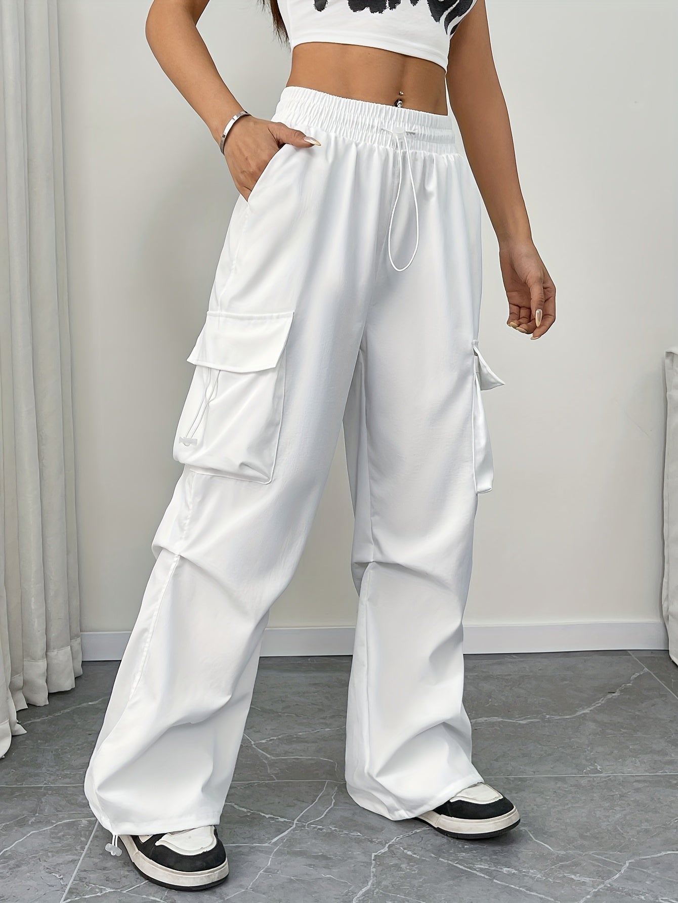 Women's Wide Leg Cargo Pants with Drawstring Waist 0